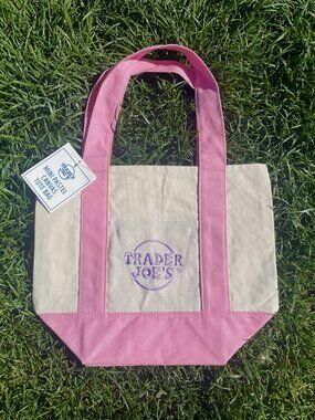 Trader Joe’s Mini Canvas Tote 2026 Spring Drop Pink Straps & Purple Embroidery